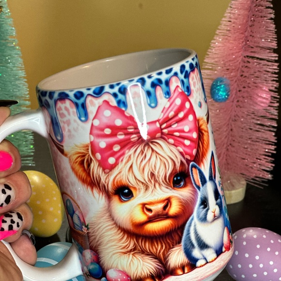 Hand Crafted Easter Highland Cow -Pink Sublimated 15oz Mug - Picture 1 of 5